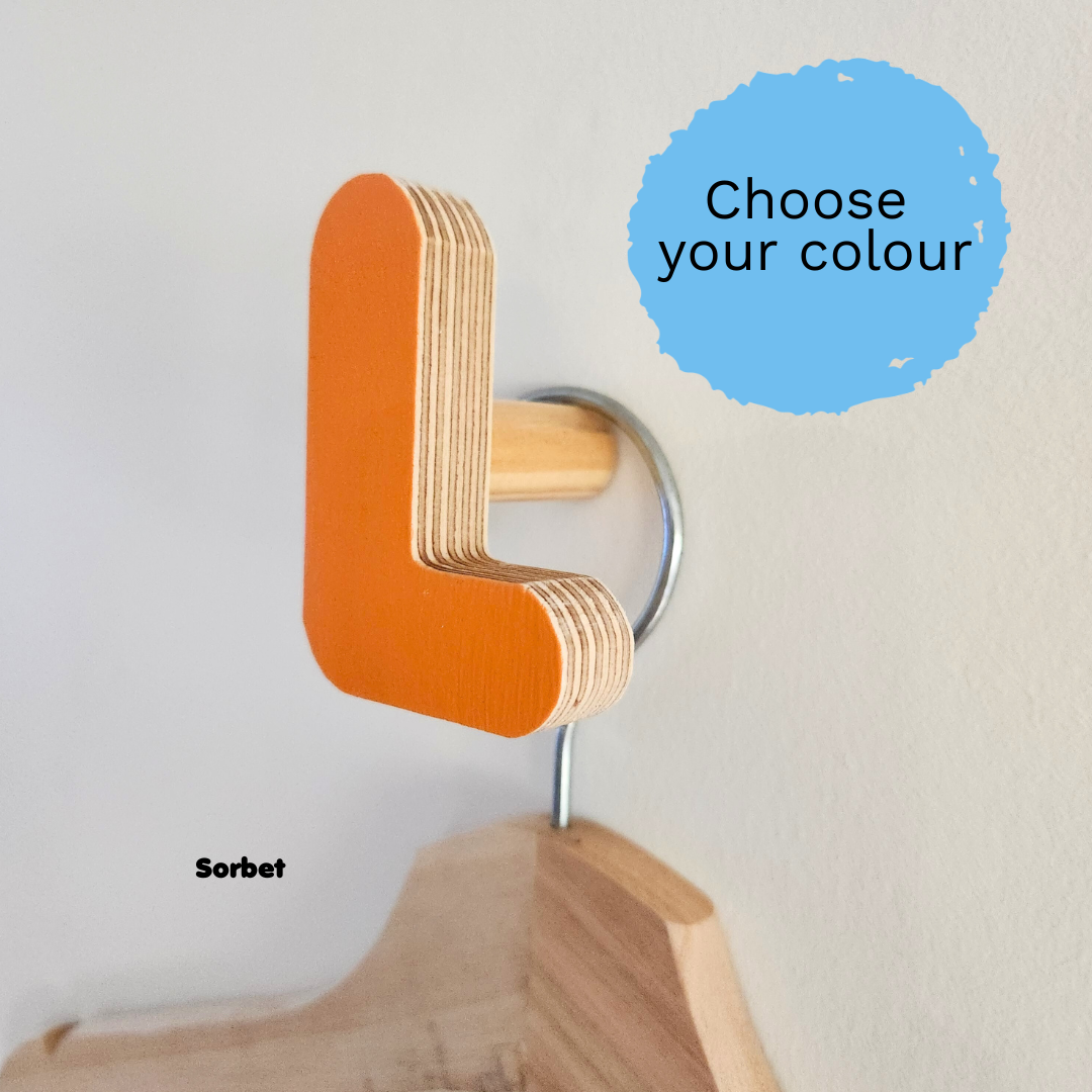 Wooden wall hook in letter 'L' 
in sorbet colour 'Choose your colour' on a light gray background.